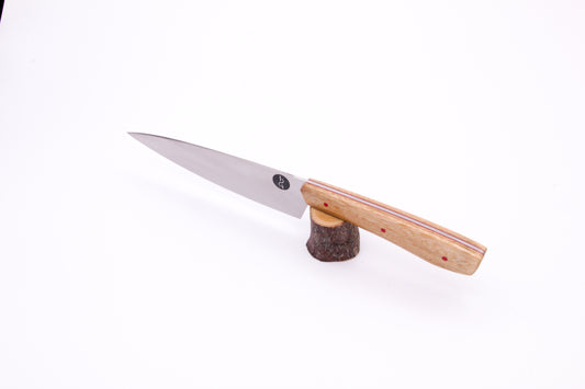 5.5" (140mm) Petty Knife, 15n20 High Carbon Steel, Avocado wood with Red liners and pins