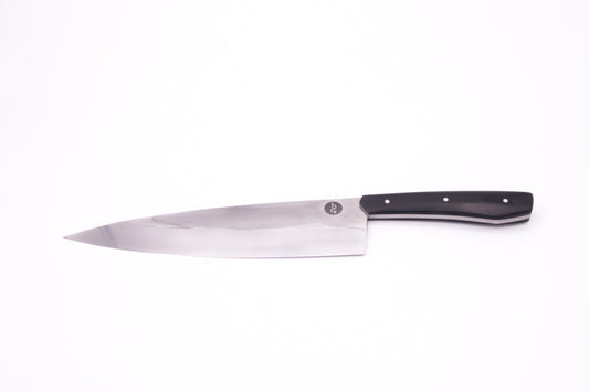 8" (200mm) Chef Knife with Hamon in 26C3 High Carbon Steel with Toxedo Handles