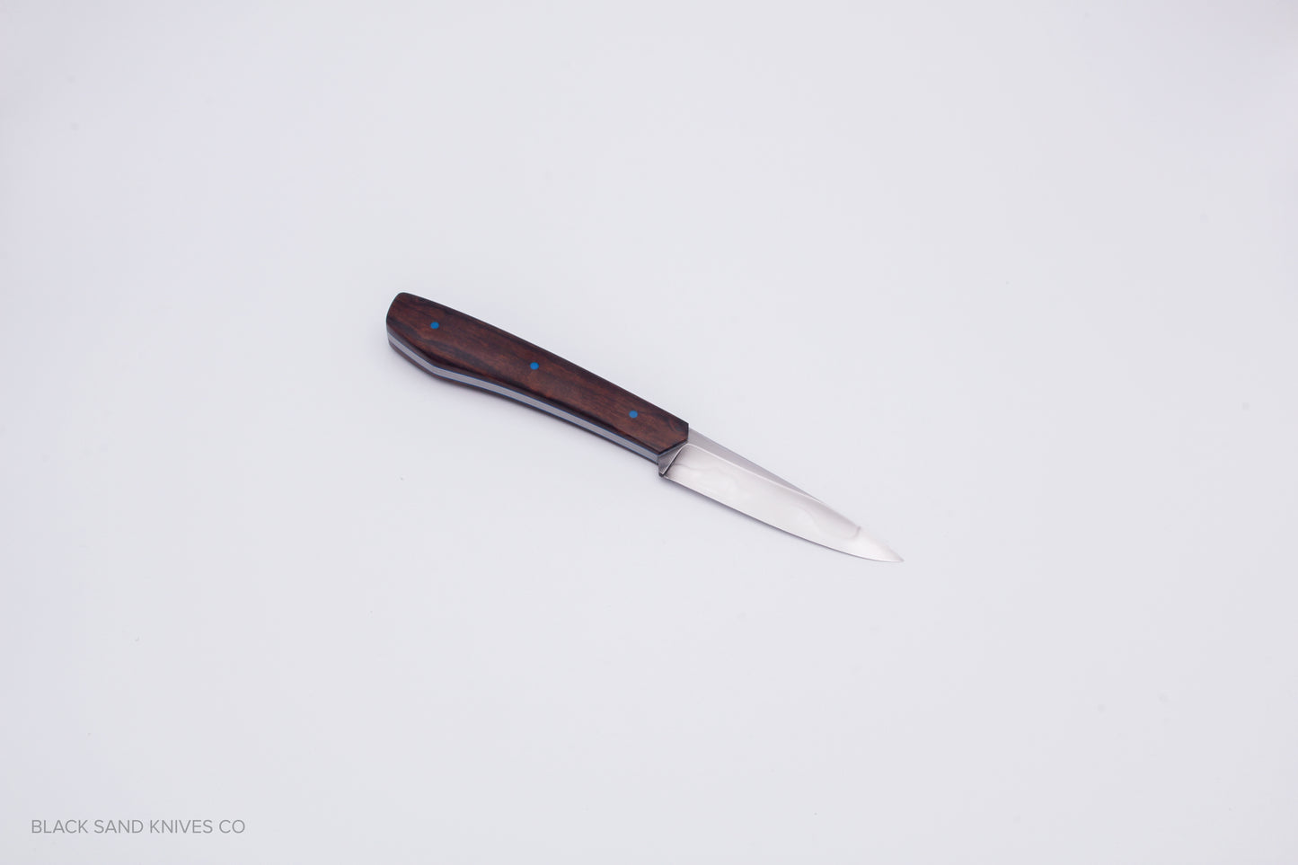 3.5" (90mm) Pairing Knife in W2 Steel with Hamon - Desert Ironwood Scales - Blue & White liners and Blue pins