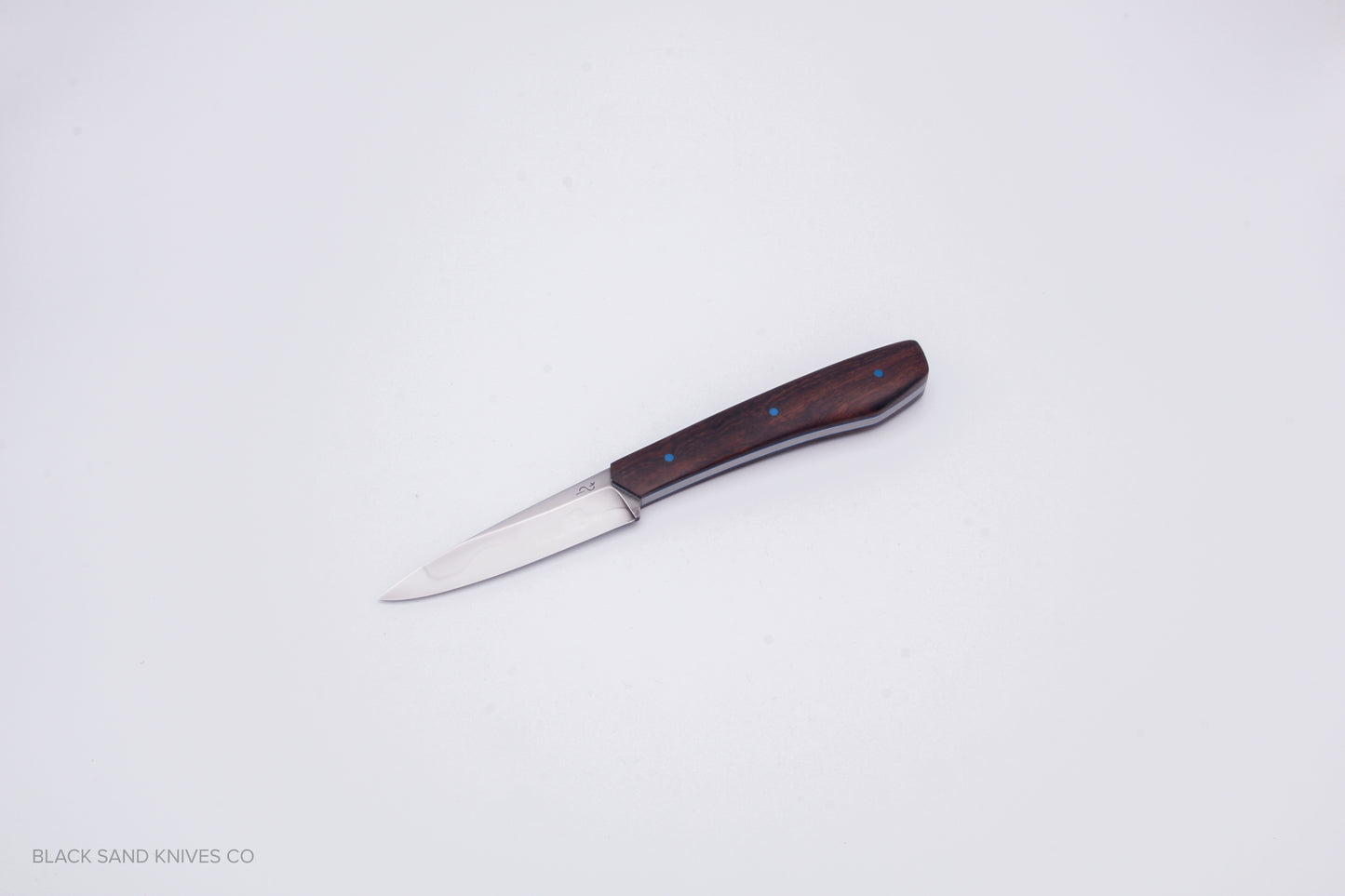 3.5" (90mm) Pairing Knife in W2 Steel with Hamon - Desert Ironwood Scales - Blue & White liners and Blue pins