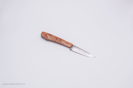 3.5" (90mm) Pairing Knife in W2 Steel with Hamon - Eucalyptus Scales - Black and Red liners and Red pins