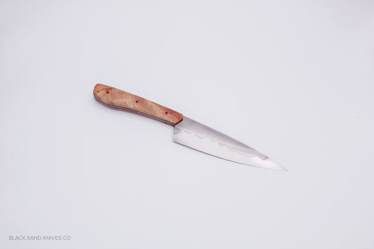 5.5" (140mm) Petty Knife in W2 Steel with Hamon - Eucalyptus Scales - Black and Red liners and Red pins