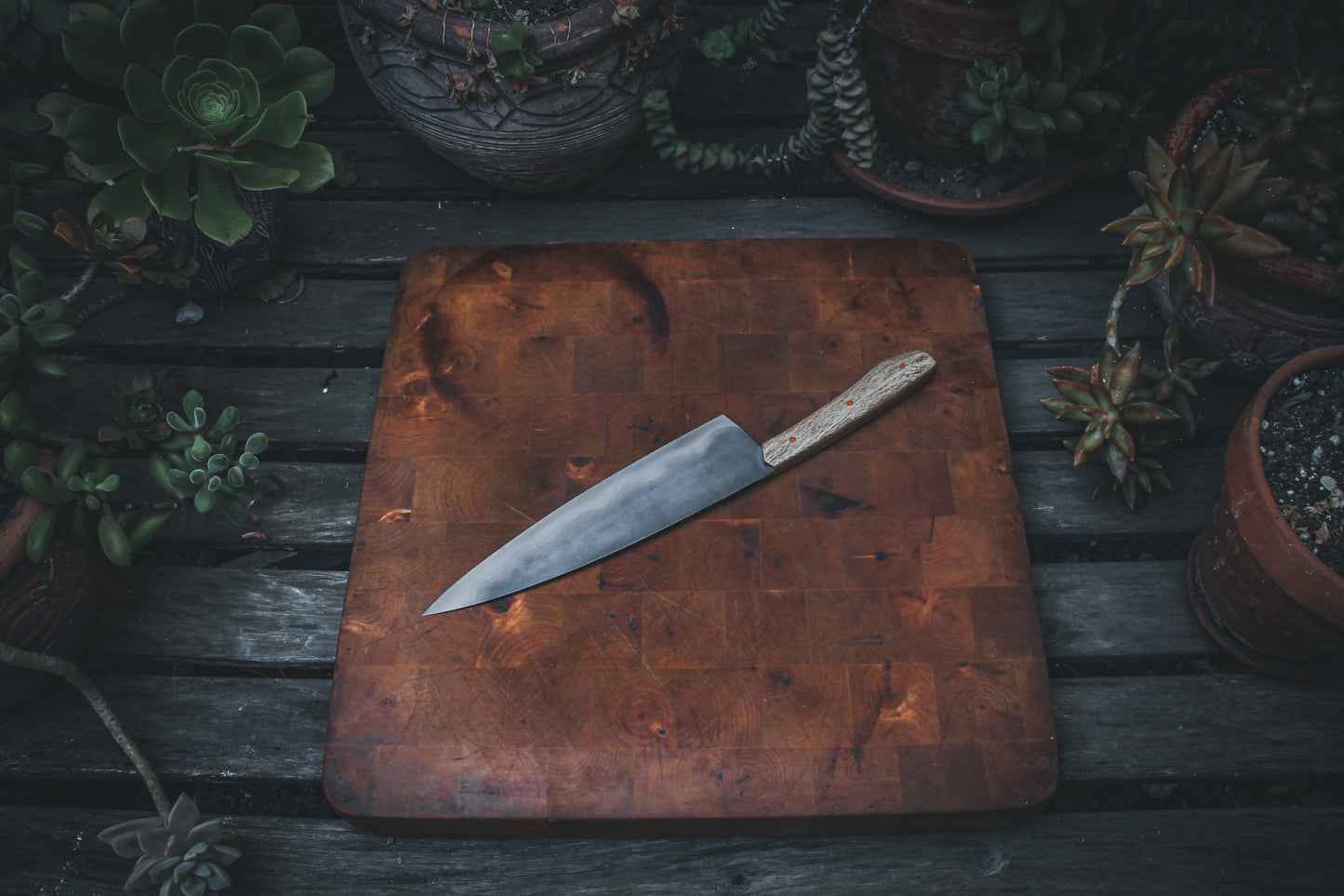 8" (200mm) Chef Knife in 1095 High Carbon Steel with Macadamia wood Handles and Orange G10 liners & pins