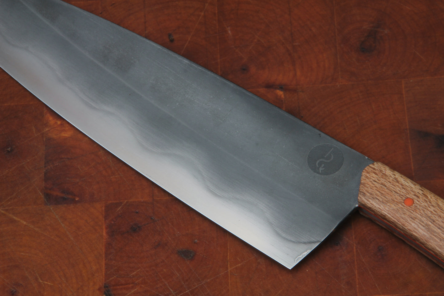 8" (200mm) Chef Knife in 1095 High Carbon Steel with Macadamia wood Handles and Orange G10 liners & pins