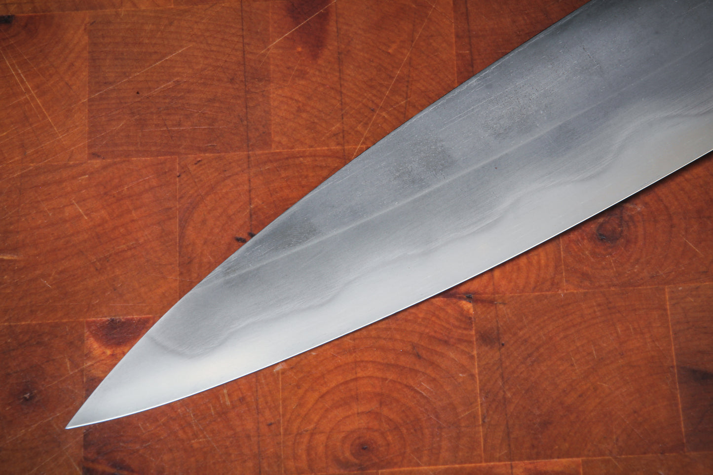 8" (200mm) Chef Knife in 1095 High Carbon Steel with Macadamia wood Handles and Orange G10 liners & pins