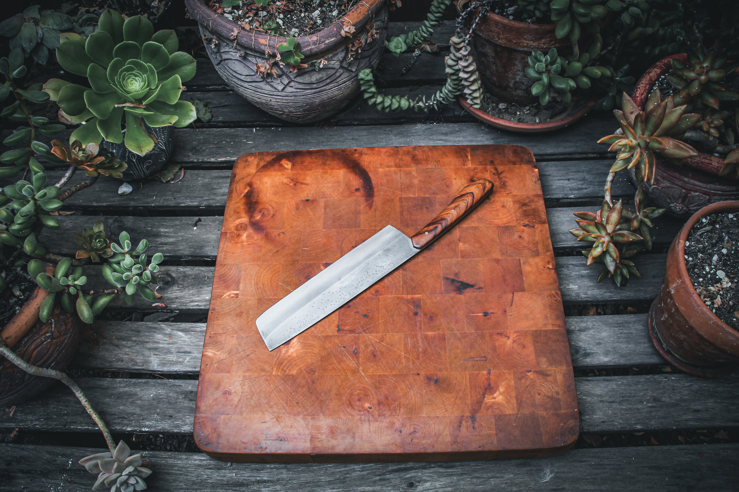 8" (200mm) Usuba Knife in 1080 High Carbon Steel with Ironwood Handles, Yellow G10 liners and brass pins