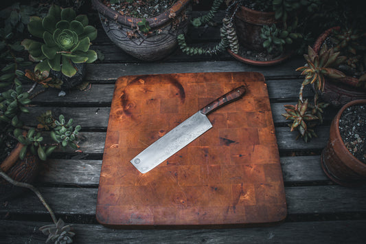 8" (200mm) Usuba Knife in 1080 High Carbon Steel with Ironwood Handles, Yellow G10 liners and brass pins