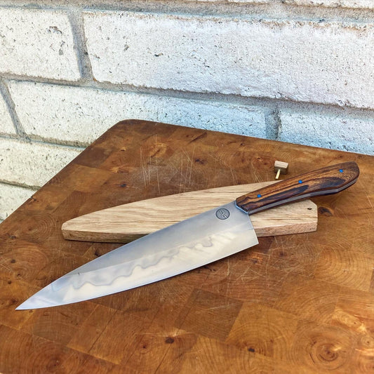 Bocote Hand Forged Damascus Chef Knife with Aged Bronze Bolster