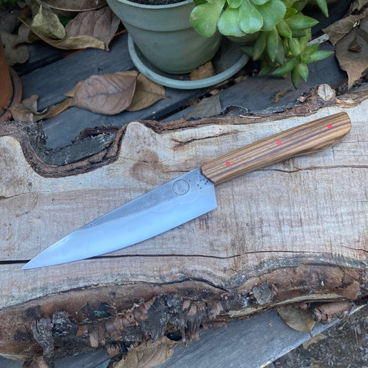 5.5" (140mm) Petty Knife, 1080 High Carbon Steel, Zebra wood with Red liners and pins