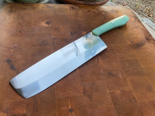 8” Nakiri in AEBL stainless steel with natural GR4 composite scales and matching stainless pins