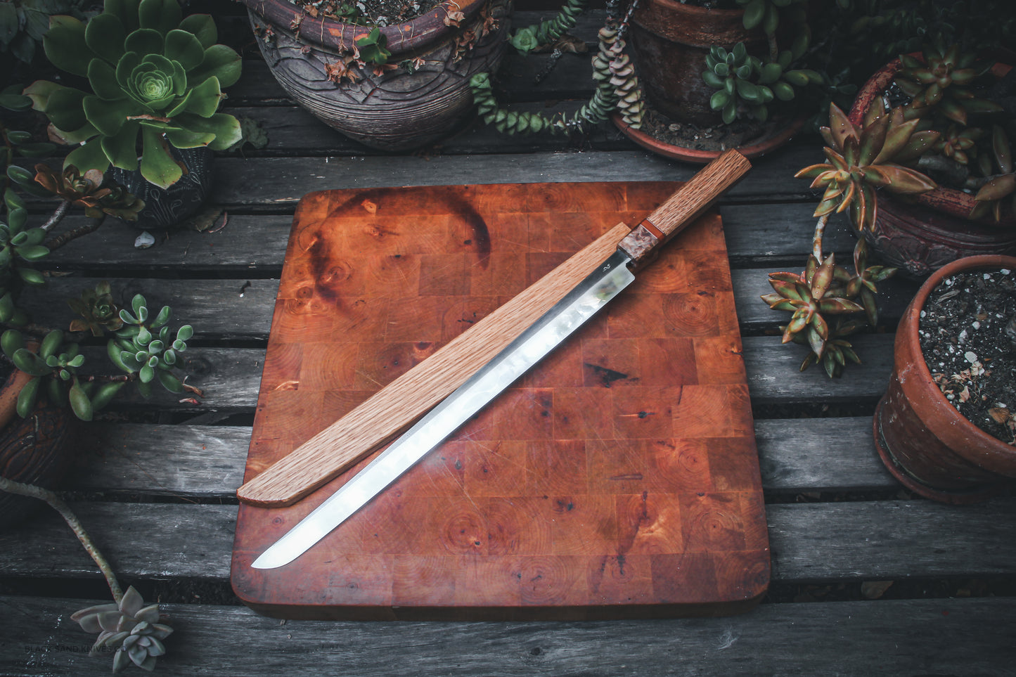 13.6" (346mm) Yanagiba Sushi Knife in 80crv2 High Carbon Steel with Maple Burl, Copper & White Oak Handle