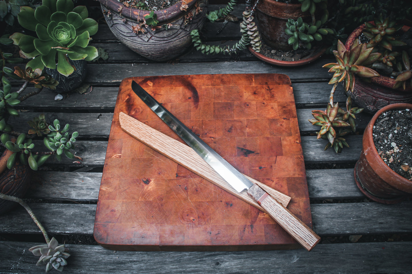 13.6" (346mm) Yanagiba Sushi Knife in 80crv2 High Carbon Steel with Maple Burl, Copper & White Oak Handle