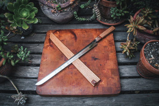 13.6" (346mm) Yanagiba Sushi Knife in 80crv2 High Carbon Steel with Maple Burl, Copper & White Oak Handle