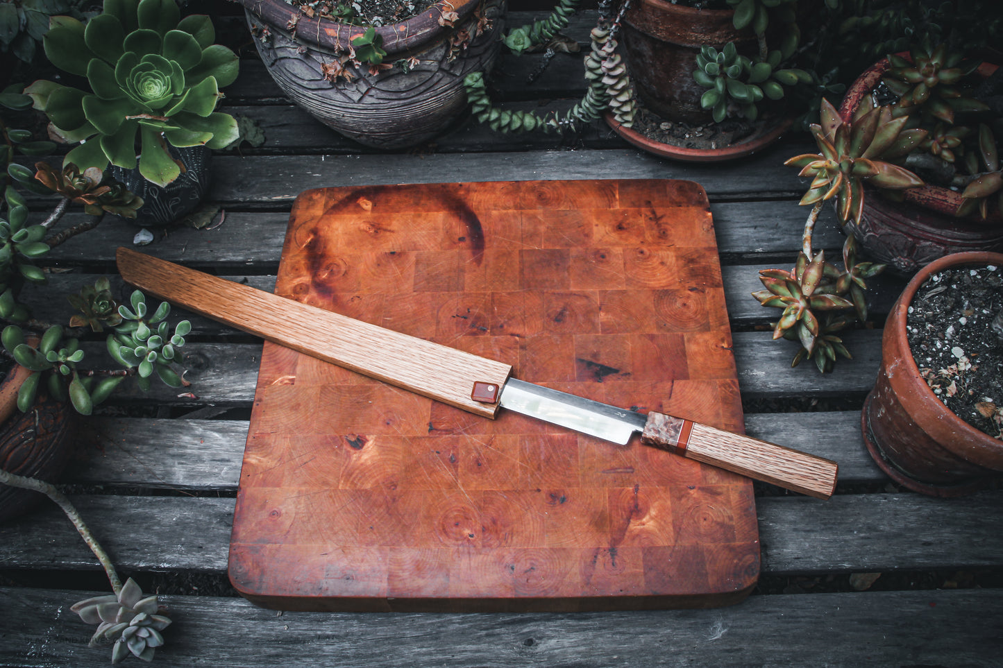 13.6" (346mm) Yanagiba Sushi Knife in 80crv2 High Carbon Steel with Maple Burl, Copper & White Oak Handle