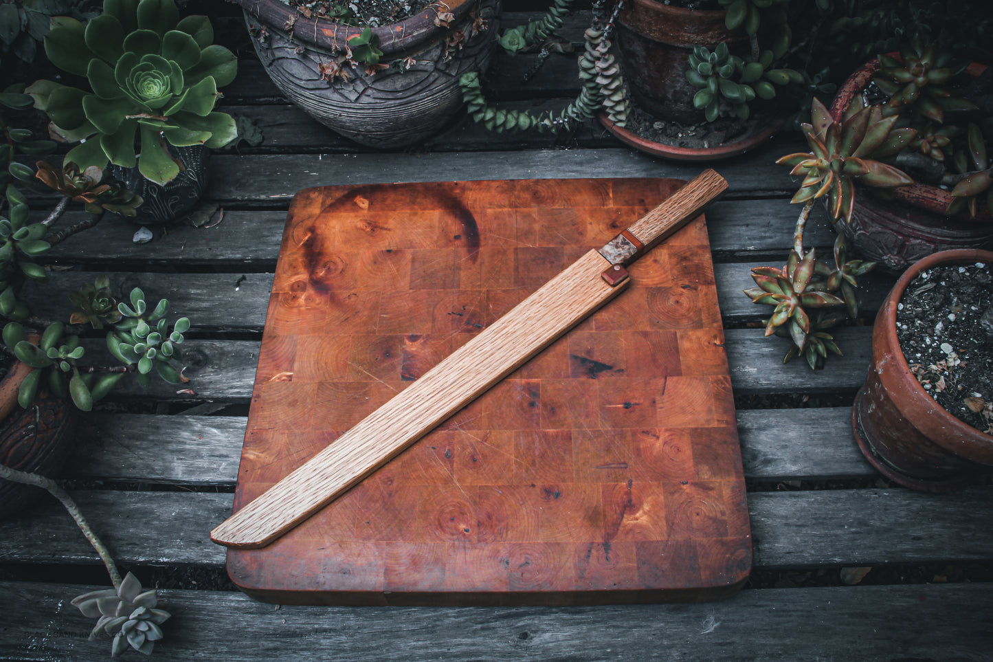 13.6" (346mm) Yanagiba Sushi Knife in 80crv2 High Carbon Steel with Maple Burl, Copper & White Oak Handle