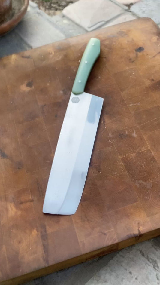 8” Nakiri in AEBL stainless steel with natural GR4 composite scales and matching stainless pins