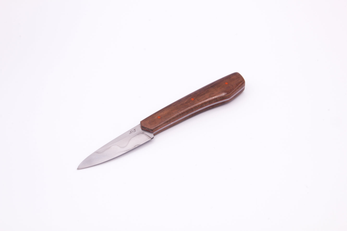 3" (76mm) Beak Nose Pairing Knife, 26C3 Steel with Hamon Line, American Black Walnut Scales and orange liners and pins