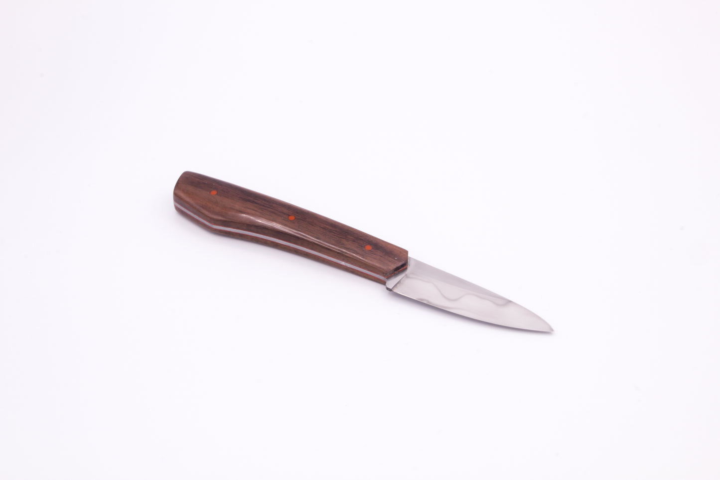 3" (76mm) Beak Nose Pairing Knife, 26C3 Steel with Hamon Line, American Black Walnut Scales and orange liners and pins