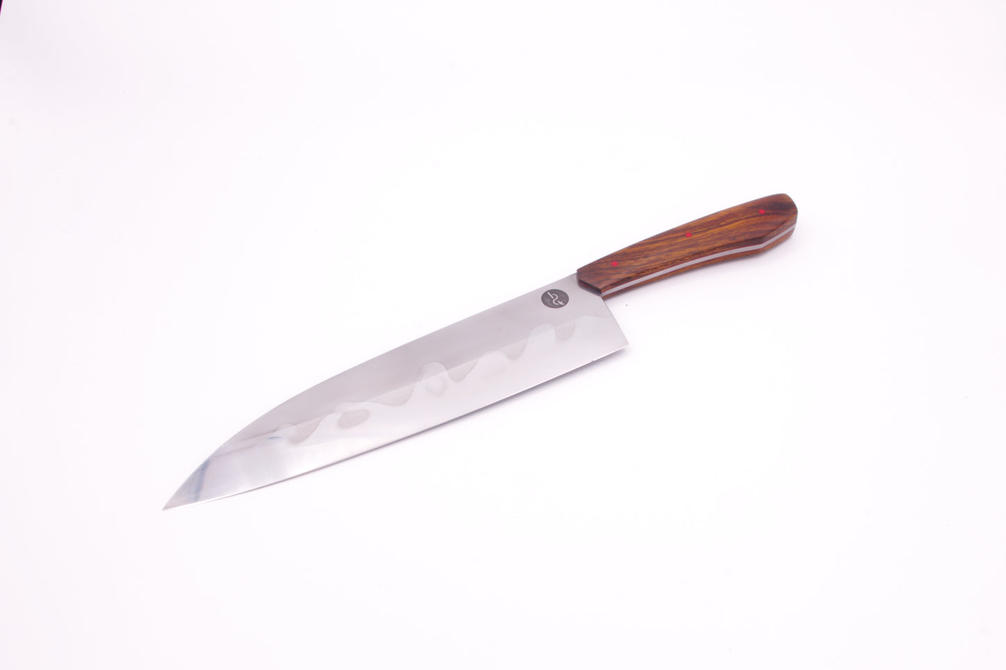 8.5" (216mm) Santoku Style Chef Knife with Hamon in 26C3 High Carbon Steel with Desert Ironwood Handles