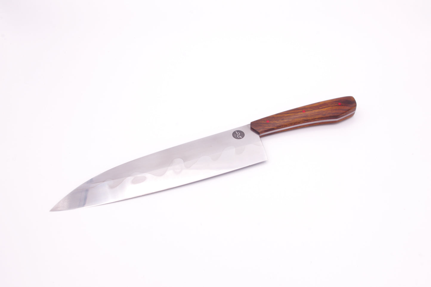 8.5" (216mm) Santoku Style Chef Knife with Hamon in 26C3 High Carbon Steel with Desert Ironwood Handles