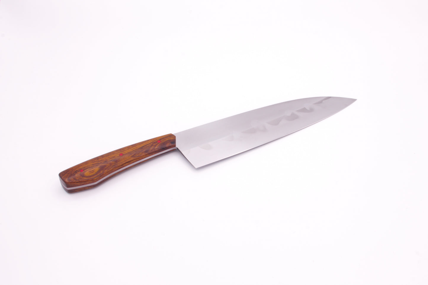 8.5" (216mm) Santoku Style Chef Knife with Hamon in 26C3 High Carbon Steel with Desert Ironwood Handles