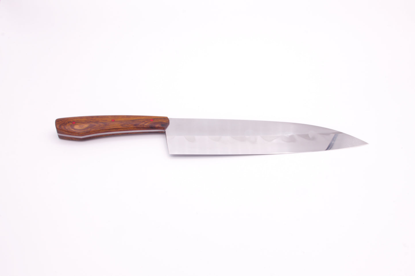 8.5" (216mm) Santoku Style Chef Knife with Hamon in 26C3 High Carbon Steel with Desert Ironwood Handles