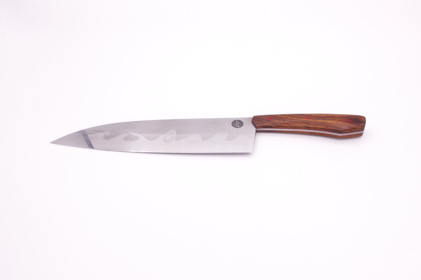 8.5" (216mm) Santoku Style Chef Knife with Hamon in 26C3 High Carbon Steel with Desert Ironwood Handles