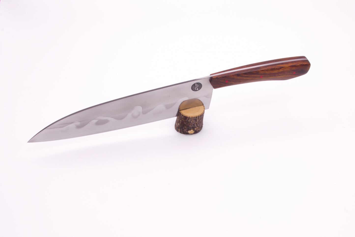 8.5" (216mm) Santoku Style Chef Knife with Hamon in 26C3 High Carbon Steel with Desert Ironwood Handles