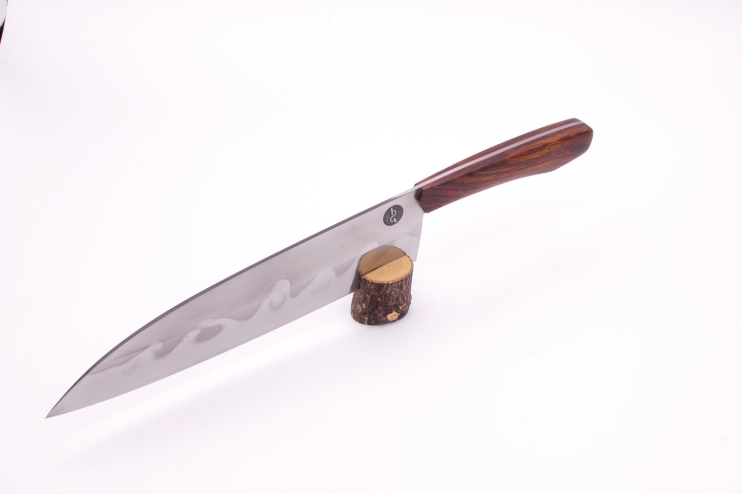 8.5" (216mm) Santoku Style Chef Knife with Hamon in 26C3 High Carbon Steel with Desert Ironwood Handles