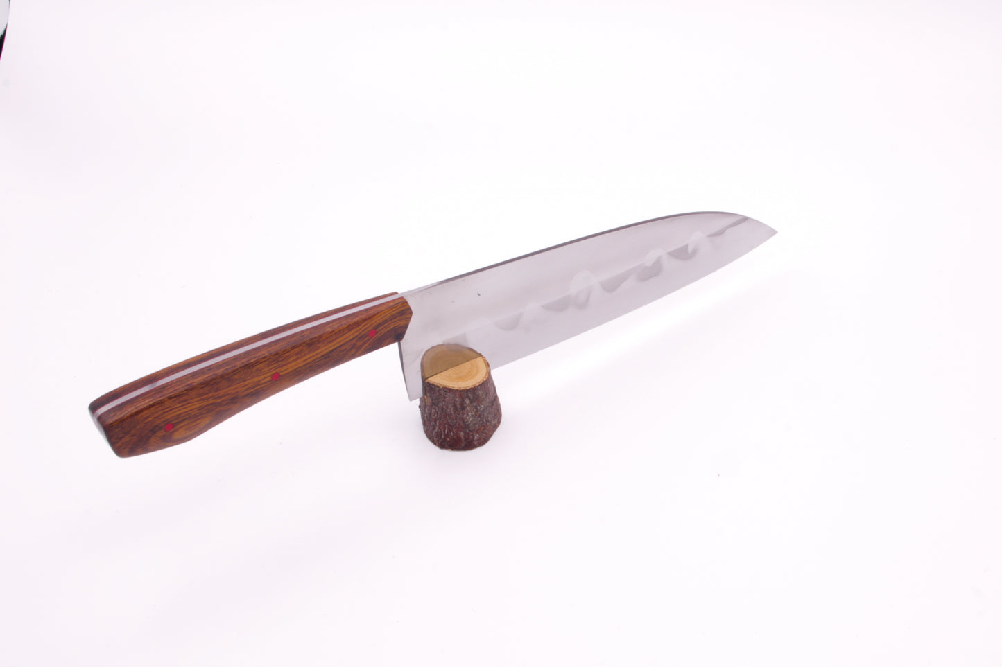 8.5" (216mm) Santoku Style Chef Knife with Hamon in 26C3 High Carbon Steel with Desert Ironwood Handles