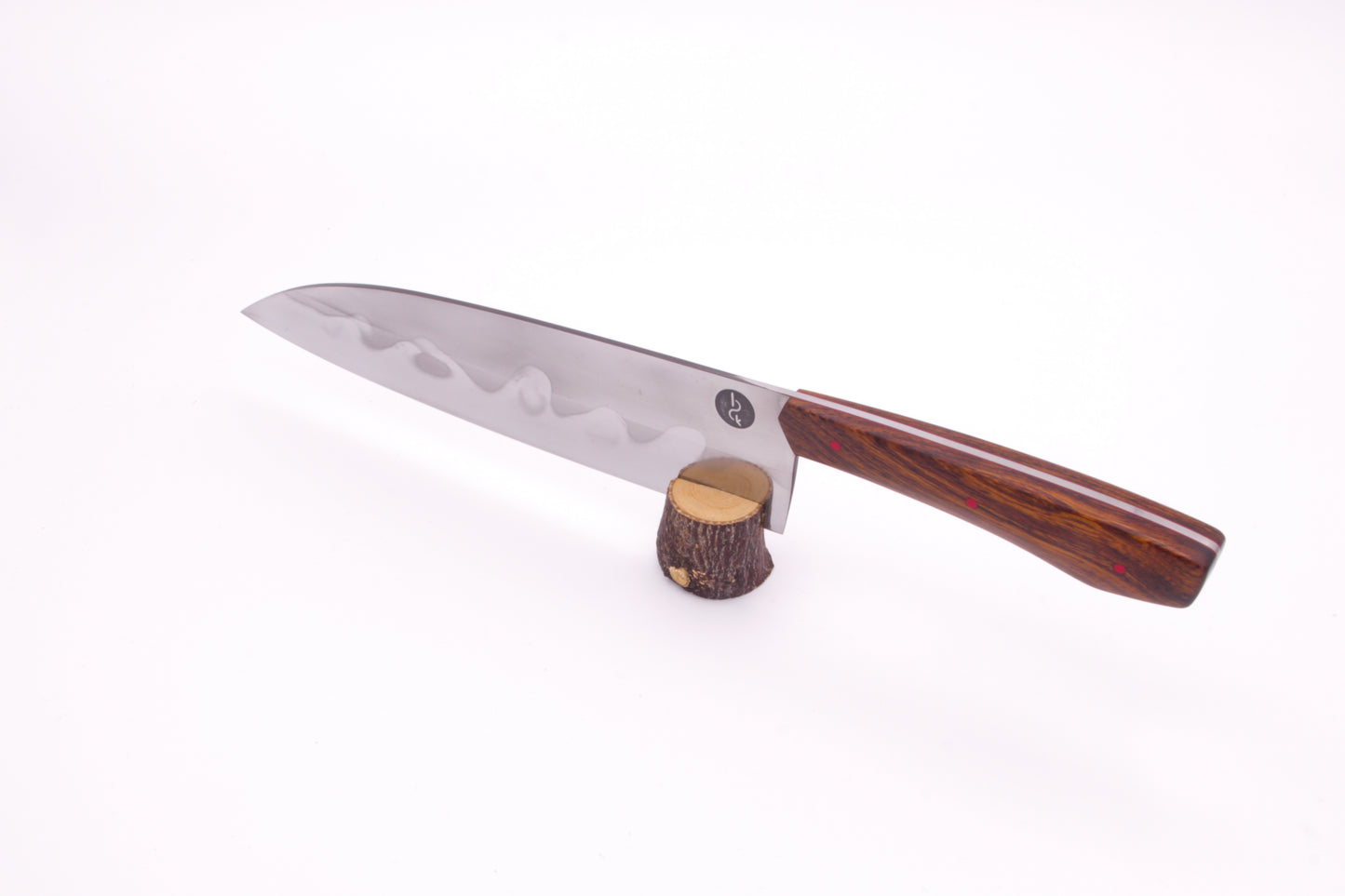 8.5" (216mm) Santoku Style Chef Knife with Hamon in 26C3 High Carbon Steel with Desert Ironwood Handles