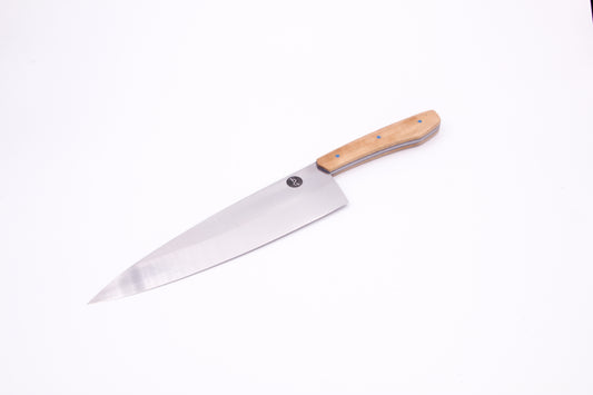 8" (200mm) Chef Knife in 15N20 High Carbon Steel with Eucalyptus wood Handles and Blue G10 liners and pins