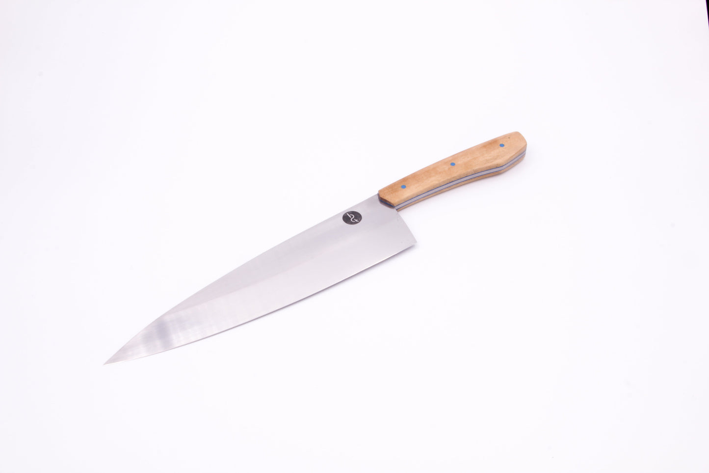 8" (200mm) Chef Knife in 15N20 High Carbon Steel with Ironwood Handles and Blue G10 liners and pins