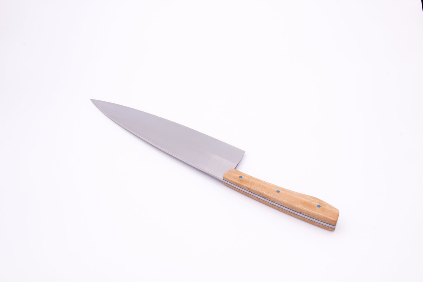 8" (200mm) Chef Knife in 15N20 High Carbon Steel with Eucalyptus wood Handles and Blue G10 liners and pins