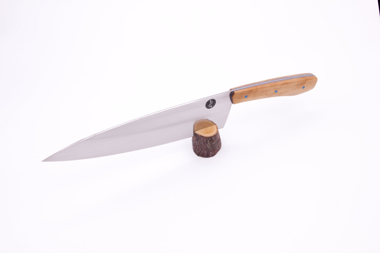 8" (200mm) Chef Knife in 15N20 High Carbon Steel with Eucalyptus wood Handles and Blue G10 liners and pins