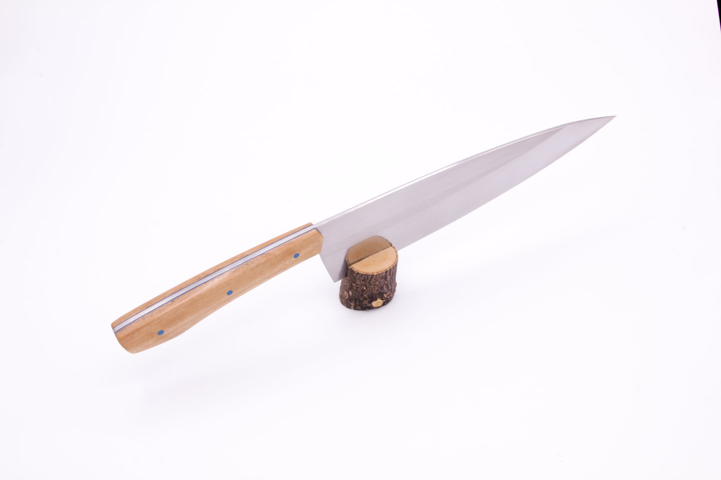 8" (200mm) Chef Knife in 15N20 High Carbon Steel with Eucalyptus wood Handles and Blue G10 liners and pins