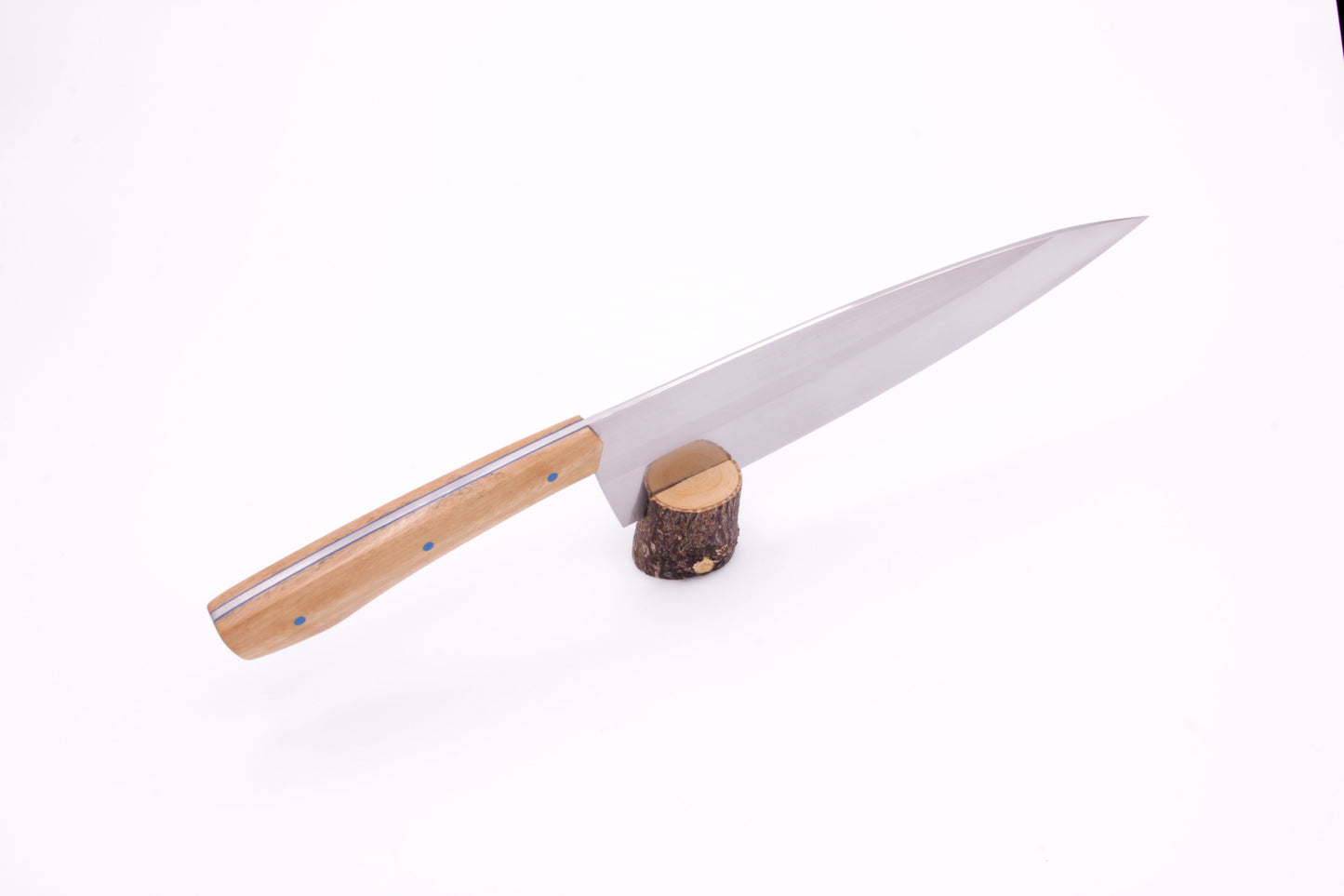 8" (200mm) Chef Knife in 15N20 High Carbon Steel with Ironwood Handles and Blue G10 liners and pins