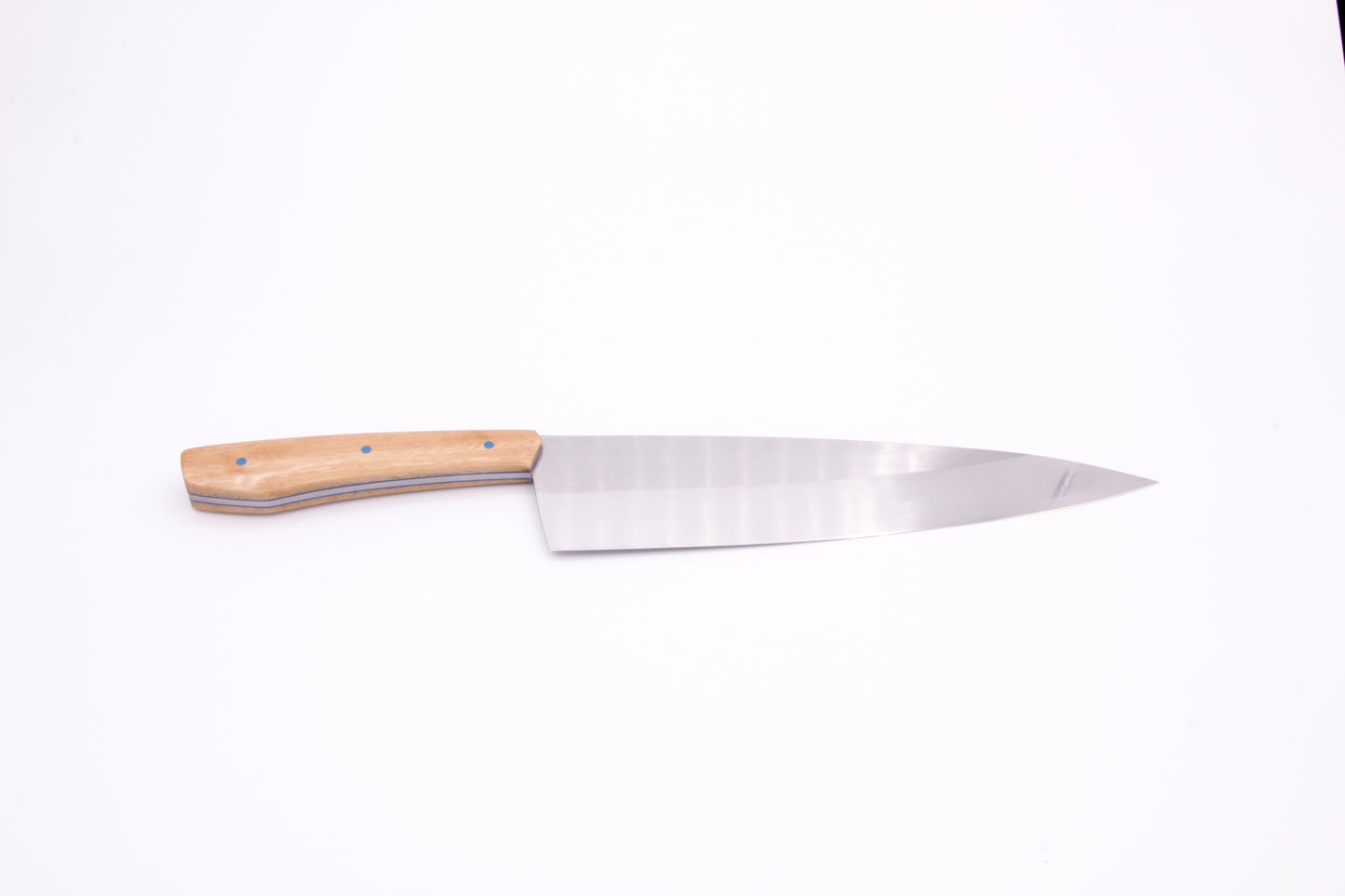 8" (200mm) Chef Knife in 15N20 High Carbon Steel with Eucalyptus wood Handles and Blue G10 liners and pins