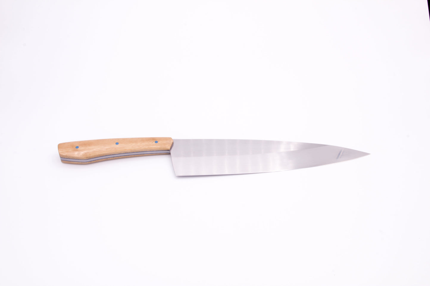 8" (200mm) Chef Knife in 15N20 High Carbon Steel with Ironwood Handles and Blue G10 liners and pins