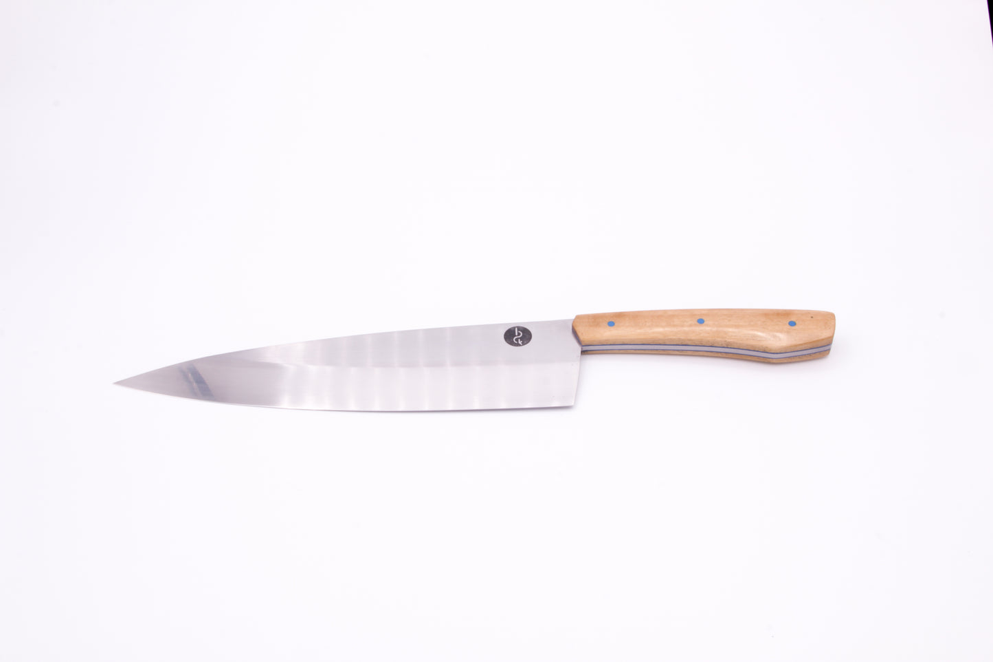 8" (200mm) Chef Knife in 15N20 High Carbon Steel with Eucalyptus wood Handles and Blue G10 liners and pins