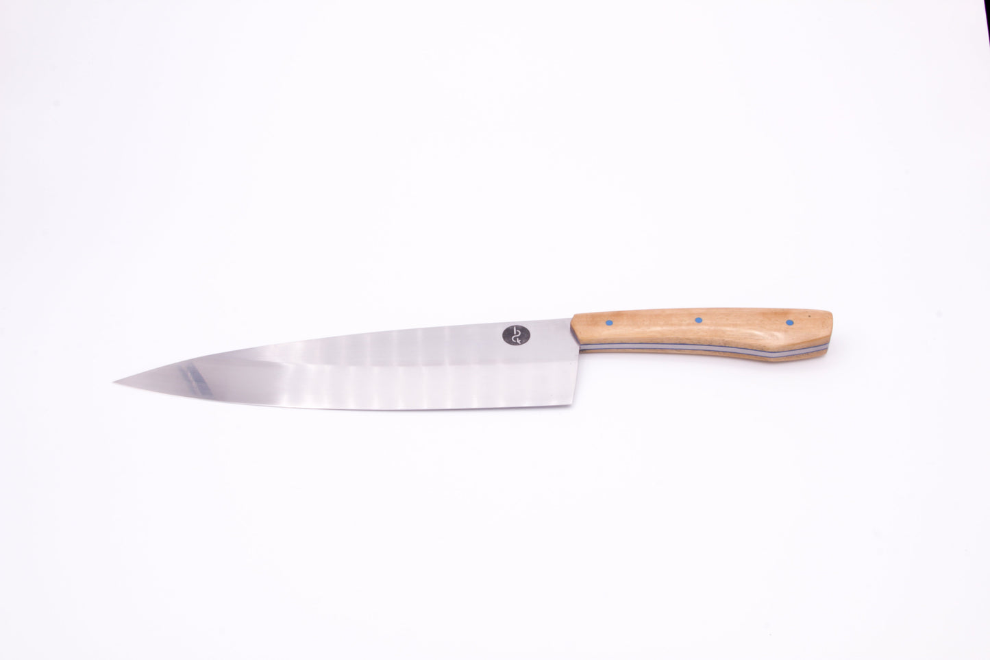 8" (200mm) Chef Knife in 15N20 High Carbon Steel with Ironwood Handles and Blue G10 liners and pins