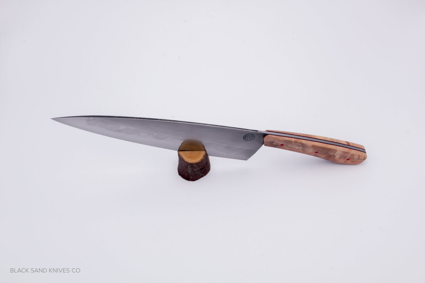 8" (200mm) Chef Knife in W2 Steel with Hamon - Eucalyptus Scales - Black and Red liners and Red pins