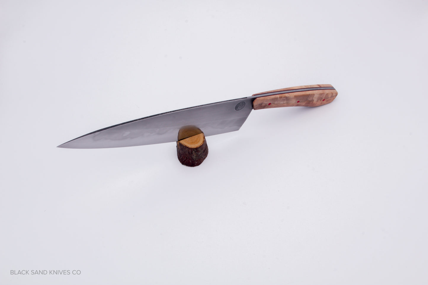 8" (200mm) Chef Knife in W2 Steel with Hamon - Eucalyptus Scales - Black and Red liners and Red pins