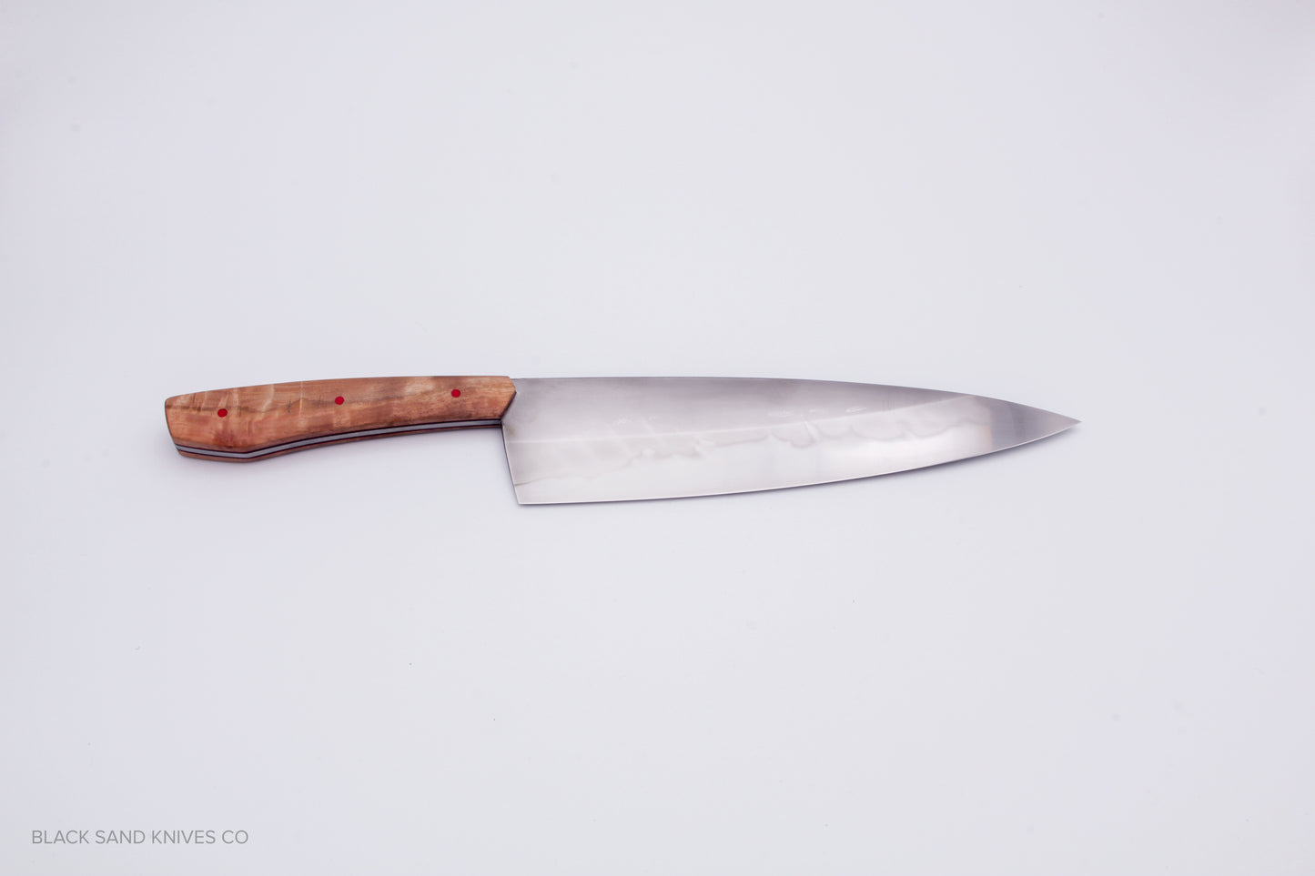 8" (200mm) Chef Knife in W2 Steel with Hamon - Eucalyptus Scales - Black and Red liners and Red pins