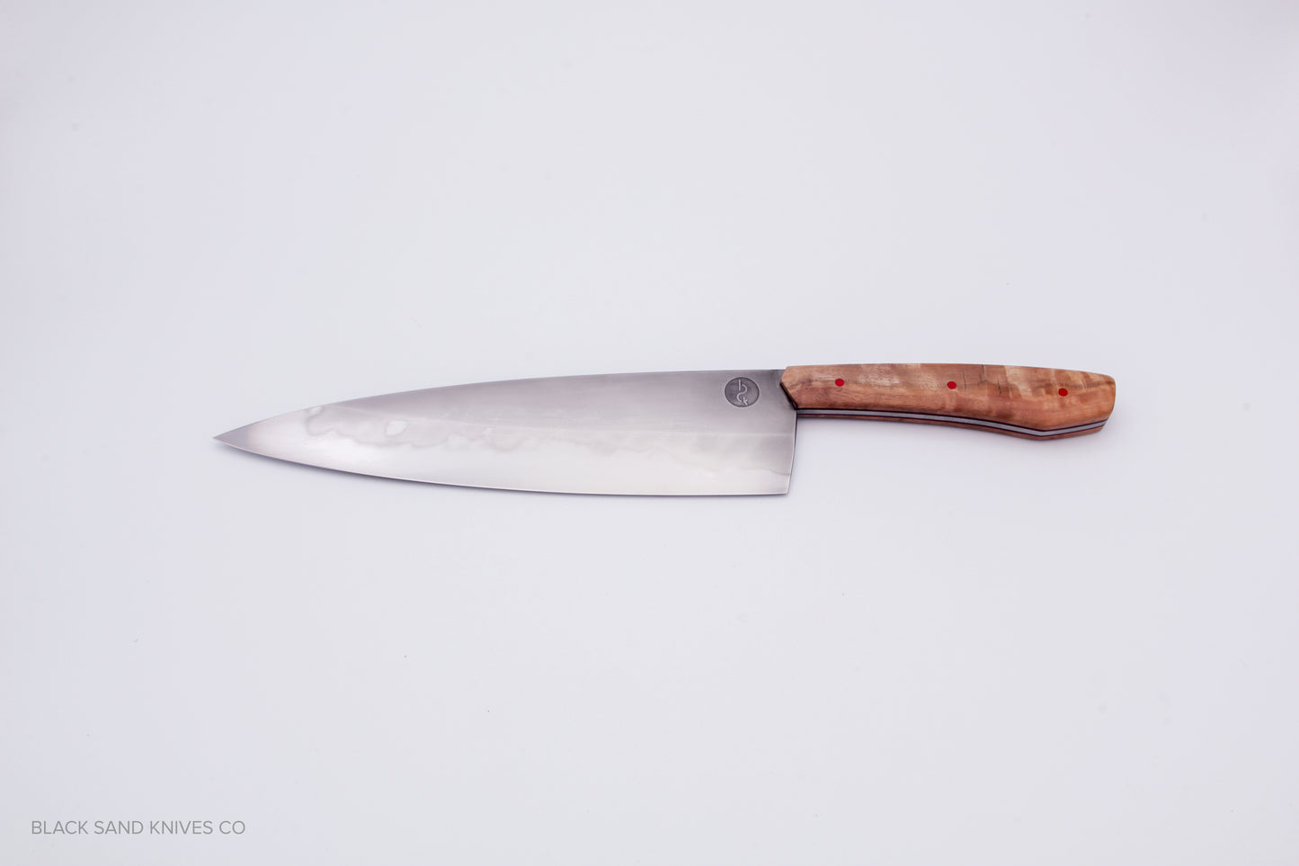 8" (200mm) Chef Knife in W2 Steel with Hamon - Eucalyptus Scales - Black and Red liners and Red pins