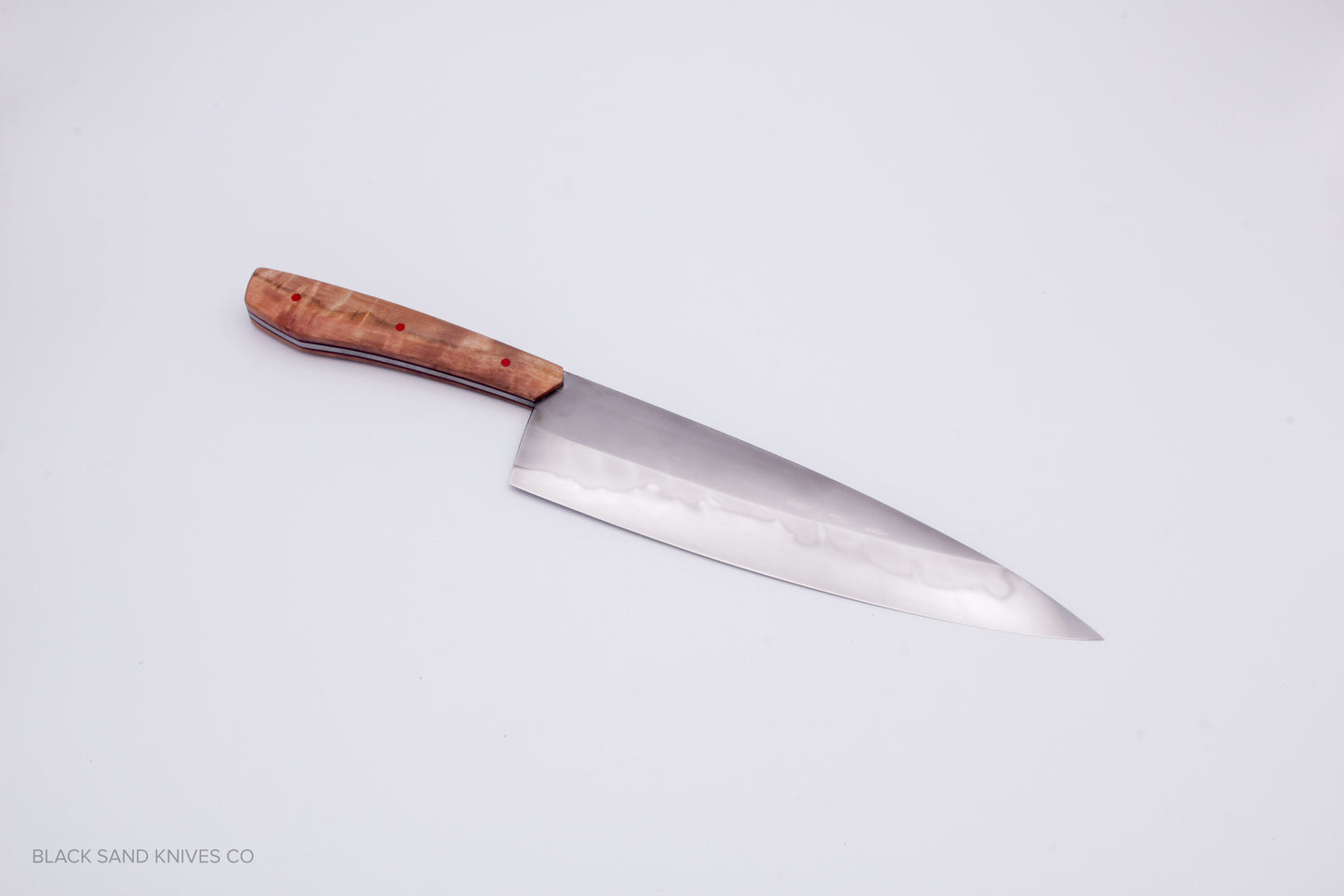 8" (200mm) Chef Knife in W2 Steel with Hamon - Eucalyptus Scales - Black and Red liners and Red pins