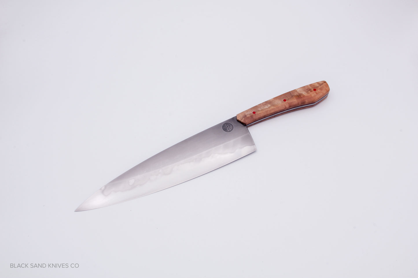 8" (200mm) Chef Knife in W2 Steel with Hamon - Eucalyptus Scales - Black and Red liners and Red pins