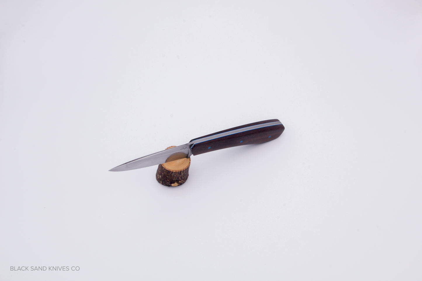 3.5" (90mm) Pairing Knife in W2 Steel with Hamon - Desert Ironwood Scales - Blue & White liners and Blue pins