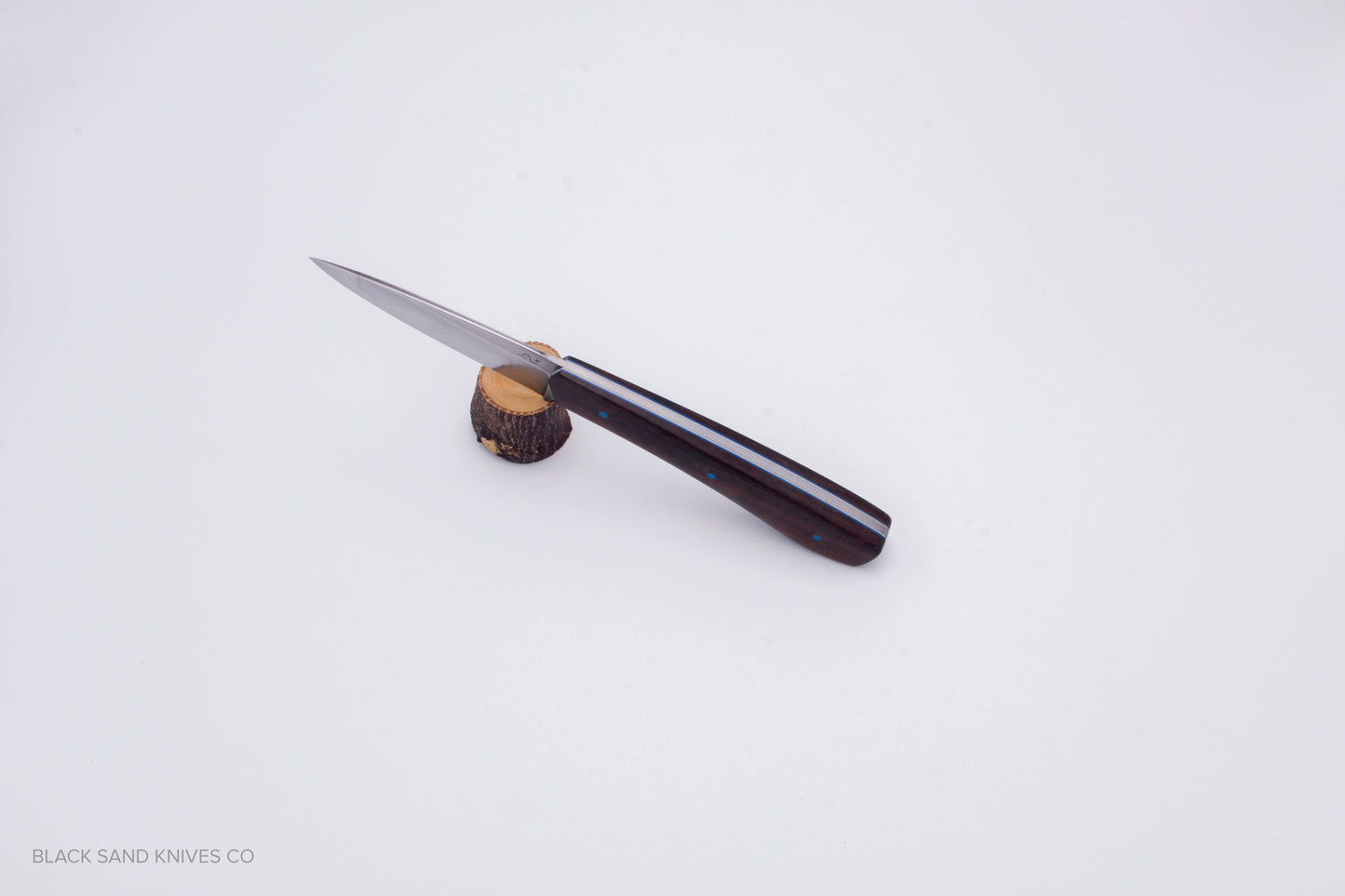 3.5" (90mm) Pairing Knife in W2 Steel with Hamon - Desert Ironwood Scales - Blue & White liners and Blue pins