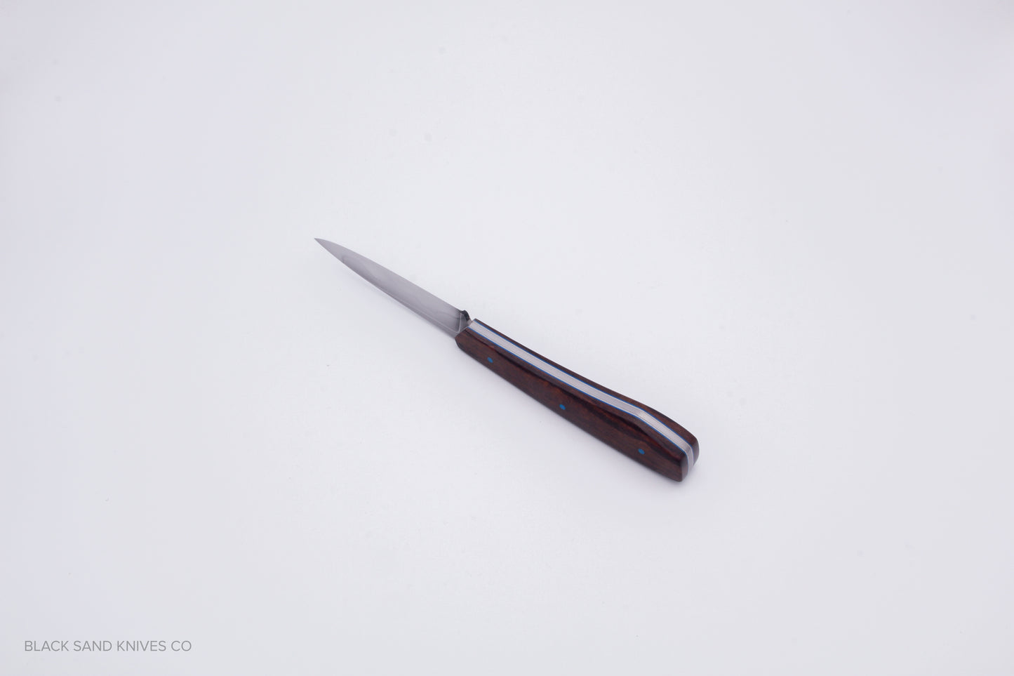 3.5" (90mm) Pairing Knife in W2 Steel with Hamon - Desert Ironwood Scales - Blue & White liners and Blue pins
